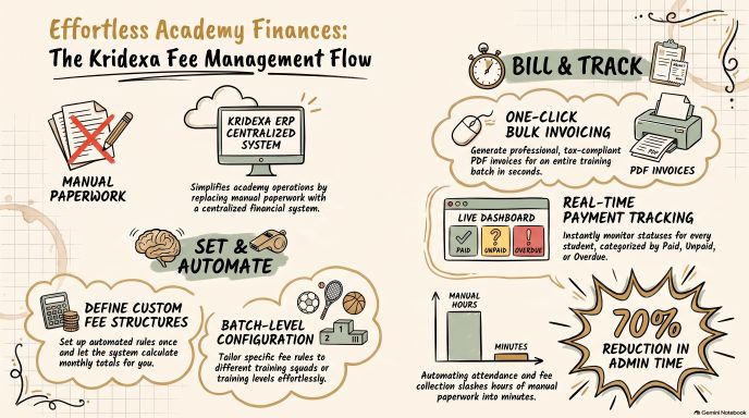 Fee management and invoicing for sports academies with payment tracking in Kridexa