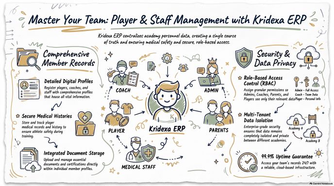 Player and staff management dashboard in Kridexa sports academy management software