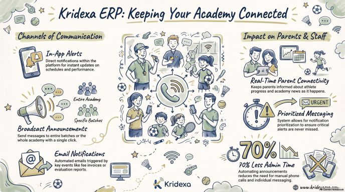 Parent notifications and announcements for academy updates in Kridexa