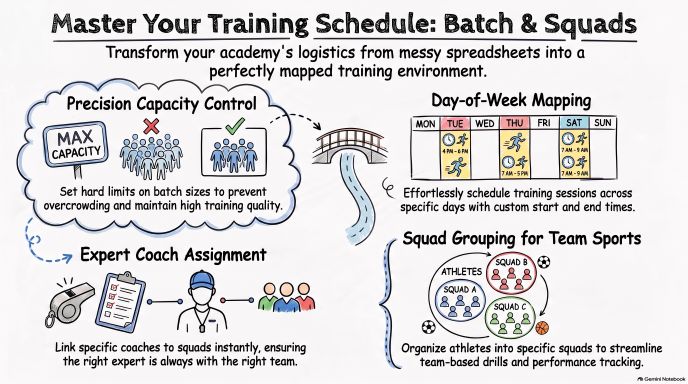 Batch scheduling and attendance training module for sports academies in Kridexa